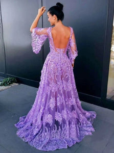 Sweep Train Purple Open Back Tulle Evening Dresses