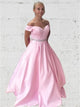 A Line Off the Shoulder Satin Beaded Pink Prom Dresses