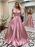 A Line Blush Spaghetti Straps V Neck Satin Prom Dress with Beading LBQ2645