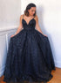 A Line Dark Blue Lace Sequins Prom Dress LBQ2919