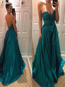 A Line Sweep Train Sleeveless Prom Dresses with Pleats