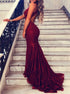 Burgundy Lace Halter Mermaid Open Back Prom Dresses LBQ3210