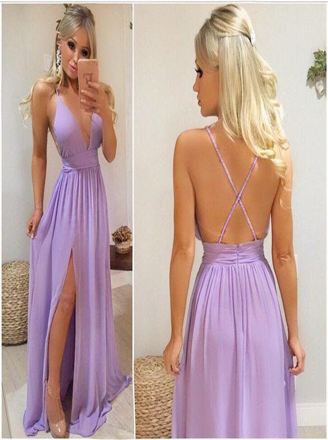 long chiffon dress with low crisscross back V-Neck A-Line Chiffon Bridesmaid Dress with Crisscross Back in Royal Blue, Royal Blue / 30
