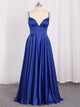 Blue Sweep Train Pleats Prom Dresses