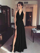 A Line Halter Chiffon Split Sleeveless Black Prom Dresses
