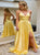 Yellow Spaghetti Straps Lace Up Satin Prom Dresses with Slit 