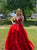 A Line V Neck Red Organza Open Back Appliques Ruffles Prom Dresses