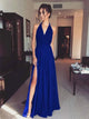 A Line Halter Chiffon Slit Blue Prom Dresses