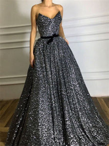 A Line Sleeveless Black Prom Dresses with Sweep Train