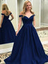 A Line Off the Shoulder Navy Blue Prom Dresses LBQ2034