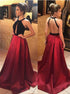 Open Back Burgundy Satin A Line Black Top Prom Dresses LBQ3086