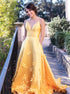 A Line Spaghetti Straps V Neck Yellow Satin Prom Dresses with 3D Flower LBQ2127