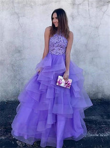 A Line Appliques Tulle Ruffles Prom Dresses 
