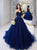 Navy Blue Sleeveless Sweep Train Prom Dresses
