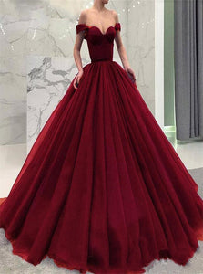 Burgundy Off the Shoulder Satin Prom Dresses