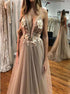 A Line Tulle Deep V Neck 3D Flower Spaghetti Straps Backless Prom Dresses LBQ2325