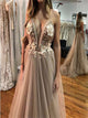 A Line Tulle V Neck 3D Flower Spaghetti Straps Backless Prom Dresses 