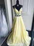 A Line Spaghetti Straps V Neck Two Piece Yellow Satin Prom Dress with Lace Top LBQ3270
