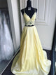 A Line Spaghetti Straps V Neck Satin Prom Dresses with Lace Top