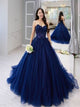 Navy Blue Tulle Sweetheart Long Lace Applique Prom Dresses