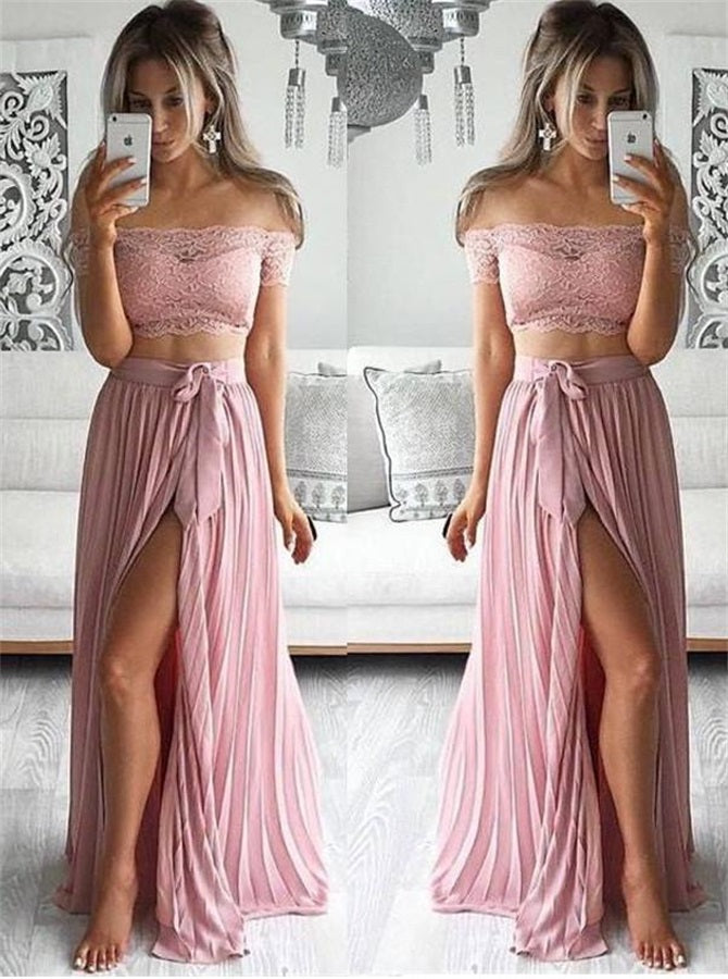 A Line Off the Shoulder Lace Chiffon Prom Dress with Slit | Alinepromdress A Line Off the Shoulder Lace Chiffon Prom Dress with Slit | Alinepromdress