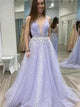 A Line Deep V Neck Sleeveless Tulle Long Prom Dresses