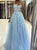 A Line Spaghetti Straps Appliques Blue Tulle Prom Dresses