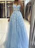 A Line Spaghetti Straps Appliques Blue Tulle Prom Dresses LBQ2655