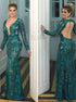 Mermaid V Neck Floor Length Long Sleeves Tulle Appliques Open Back Green Prom Dress LBQ2844