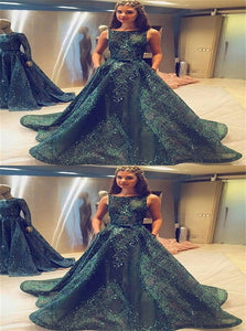Ball Gown Scoop Tulle Hunter Green Sequins Prom Dresses