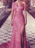 Dusty Pink One Shoulder Mermaid Sequins Slit Prom Dresses LBQ2384