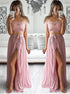 Two Piece Off the Shoulder Lace Chiffon Prom Dress with Slit LBQ2862