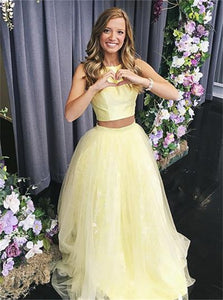 A Line Yellow Tulle Satin Two Pieces Prom Dresses 