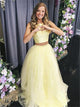 A Line Yellow Tulle Satin Two Pieces Prom Dresses 