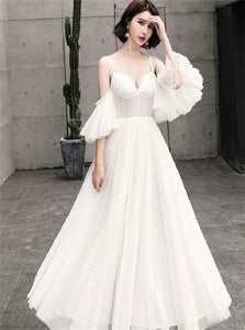 Off the Shoulder A Line Tulle White Prom Dresses 