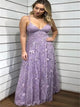 A Line Spaghetti Straps V Neck Lace Appliques Lilac Prom Dresses