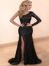 One Shoulder Black Sequined High Split Prom Dress LBQ0849