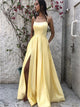 A Line Spaghetti Straps Yellow Satin Pockets Prom Dress with Slit 