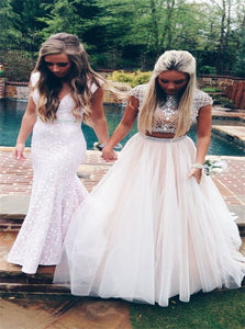 Two Piece White A Line Scoop Tulle Prom Dresses with Beaded