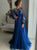 A Line Applique Blue Tulle Prom Dresses with Sweep Train