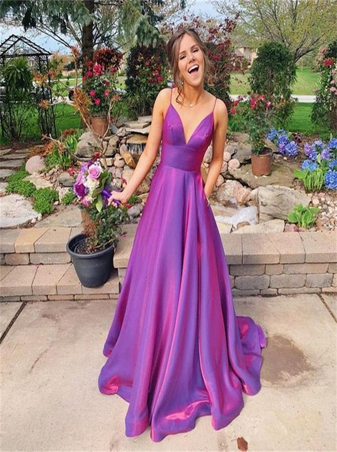Satin A Line Pleats Prom Dresses with Pockets | Alinepromdress Satin A Line Pleats Prom Dresses with Pockets | Alinepromdress