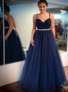 Spaghetti Straps V Neck Navy Blue Tulle Prom Dresses with Belt 