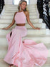Pink/Daffodil Halter Two Piece Mermaid Satin Prom Dress With Slit LBQ1742
