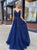 A Line Blue Spaghetti Straps V Neck Applique Tulle Lace Up Prom Dresses