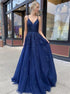 A Line Blue Spaghetti Straps V Neck Applique Tulle Lace Up Prom Dress LBQ2469