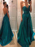 Dark Green A Line Sweetheart Satin Ruched Prom Dress LBQ1872