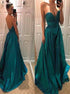 Dark Green A Line Sweetheart Satin Ruched Prom Dress LBQ1872