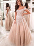 A Line Off the Shoulder Champagne Lace Tulle Prom Dresses LBQ2177