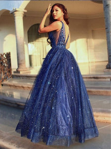 Navy Blue Floor Length Evening Dresses