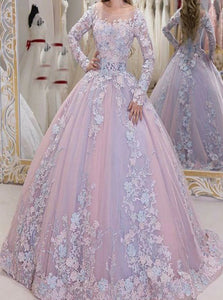 Long Sleeves Ball Gown  Appliques Scoop Tulle Prom Dresses